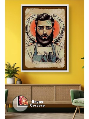 KOSS Dijital Berber Kuaför Salonları Için Sakallı Erkek Usta Figürlü Klasik Barber Konsept Çerçeveli Kanvas Tablo