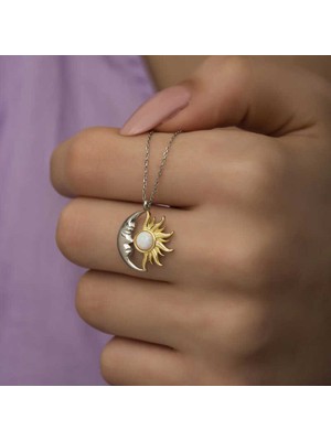 Katre46 925 Ayar Gümüş Opal Beyaz Taşlı Ay Güneş Kadın Kolye