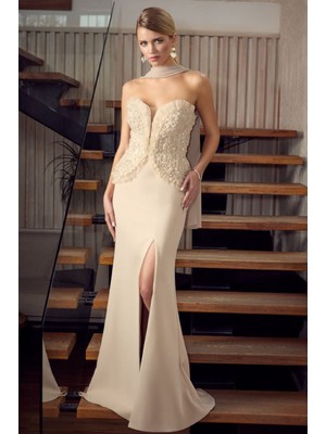 Ömür Inn Kadın Straplez Taş ve Payet Işlemeli Şal Detaylı Balık Form Abiye Elbise 6790 Latte