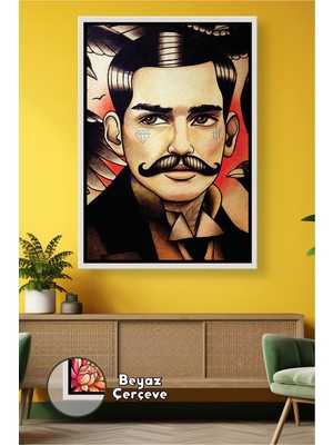 KOSS Dijital Berber ve Kuaförler Için Bıyıklı Adam Illüstrasyonlu Retro Sanat Çerçeveli Kanvas Tablo
