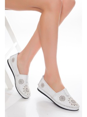 Tarçın Ayakkabı Hakiki Deri Beyaz Kadın Deri Babet TRC116-0065