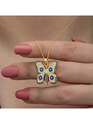 Katre46 Gümüş Gold Nazarlı Kelebek Kadın Kolye