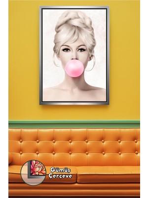 KOSS Dijital Ikonik Brigitte Bardot Portresi Pembe Sakız Modern Pop Art Stil Dekoratif Çerçeveli Kanvas Tablo