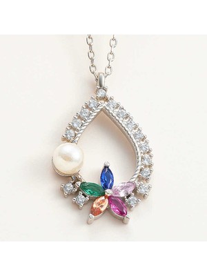 Katre46 925 Ayar Gümüş Renkli Taşlı Çiçekli Kadın Kolye