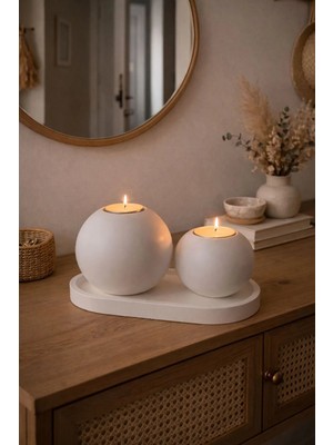 Liza Home Decoration El Yapımı Silindir Mumluk Dekoratif Tepsili 3’lü Mumluk & Tepsi Seti | Minimal Salon ve Raf Dekoru
