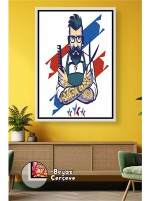 KOSS Dijital Berber ve Kuaför Salonları Için Makas Taraklı Erkek Renkli Duvar Dekoru Çerçeveli Kanvas Tablo