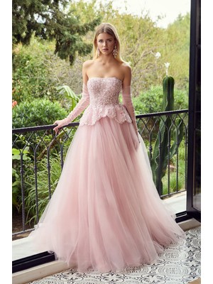 Ömür Inn Kadın Straplez Payet ve Taş Işlemeli Uzun Abiye Elbise 6748 Pudra