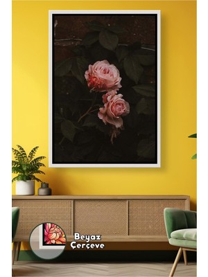 KOSS Dijital Pudra Pembe Gül Çiçeği Koyu Fonlu Salon Yatak Odası Duvar Dekoru Zarif Stil Çerçeveli Kanvas Tablo