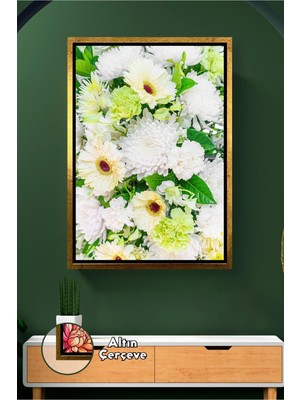 KOSS Dijital Beyaz Papatya Gerbera Çiçekli Duvar Tablosu Minimal Salon Yatak Odası Dekoru Çerçeveli Kanvas Tablo