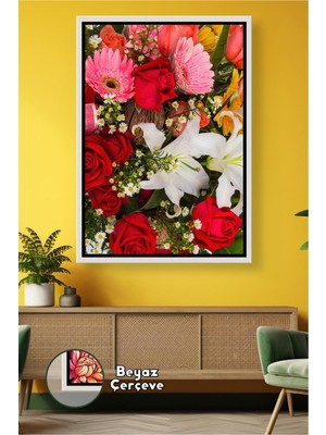 KOSS Dijital Kırmızı Gül Beyaz Lilyum Çiçek Aranjmanı Duvar Tablosu Canlı Renkli Dekoratif Çerçeveli Kanvas Tablo