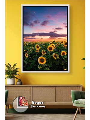 KOSS Dijital Gün Batımında Ayçiçeği Tarlası Duvar Tablosu Doğa Manzaralı Salon Dekoru Çerçeveli Kanvas Tablo
