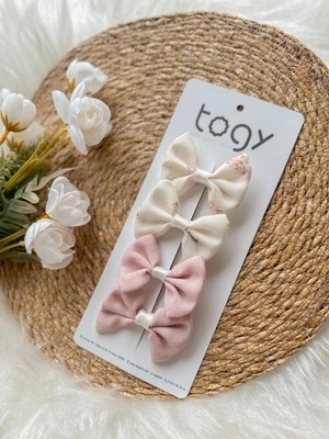 Aysskids Ekru Çiçek Desenli ve Pudra Fiyonk Kız Çocuk Bebek Toka Seti