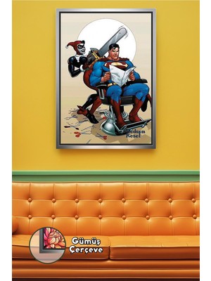 KOSS Dijital Superman Berber Sahnesi Barber Shop Duvar Dekoru Maskülen Konsept Tasarım Çerçeveli Kanvas Tablo