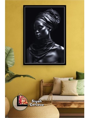 KOSS Dijital Siyah Tonlarda Afrikalı Kadın Portresi Duvar Dekoru Salon Ofis Otel Lobi Için Çerçeveli Kanvas Tablo