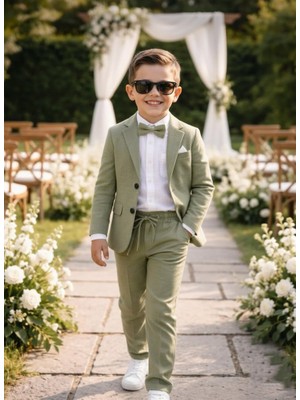 Erkek Çocuk Flamlı Keten Salaş Ceketli Takım Elbise / Gömlek Pantolon Ceket Papyon Keten Takımelbise