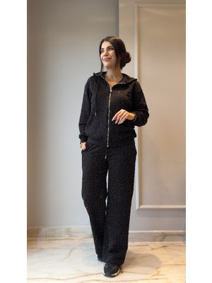 Kendim Fashion Kadın Uzun Kollu Kapşonlu Fermuarlı Taşlı Önü Fermuarlı Viskon Iki Iplik Bluz ve Eşofman Altı Ikili Takım