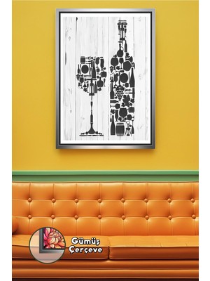 KOSS Dijital Şarap Şişesi ve Kadeh Silüetli Mutfak Duvar Tablosu Minimal Tarz Salon ve Kafe Için Çerçeveli Kanvas