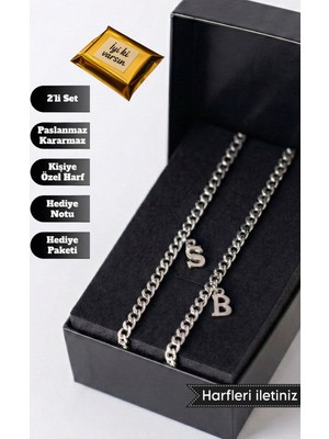 Sakura Accessories 2'li Harfli Kararmaz Çelik Bileklik, Sevgili Bilekliği, Çift Bilekliği, Arkadaş Bilekliği - Unisex