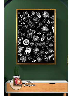 KOSS Dijital Kahve Temalı Siyah Zemin Mutfak Duvar Tablosu Kafe Dekoru Için Modern Tipografik Çerçeveli Kanvas