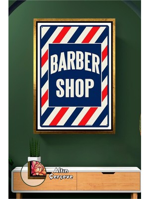 KOSS Dijital Berber Dükkanı Için Kırmızı Mavi Barber Shop Yazılı Klasik Tıraş Tasarım Çerçeveli Kanvas Tablo