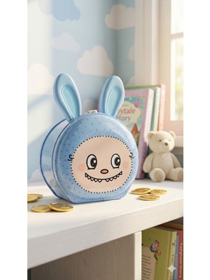 Biton Toptan 1 Adet Sevimli  Labubu Figürlü Kilitli Metal Kumbara - Çocuklar Için  Para Biriktirme Kutusu Mavi