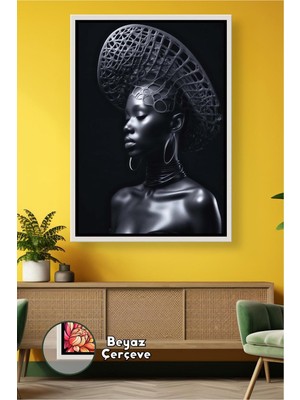 KOSS Dijital Siyah Afrikalı Kadın Portresi Dekoratif Duvar Tablosu Modern Heykel Efektli Çerçeveli Kanvas Tablo