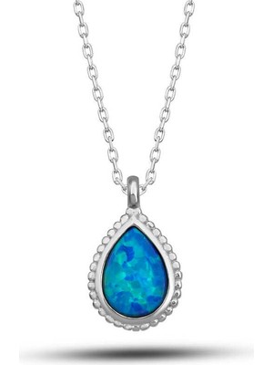 Katre46 925 Ayar Gümüş Damla Mavi Opal Taşlı Kadın Kolye