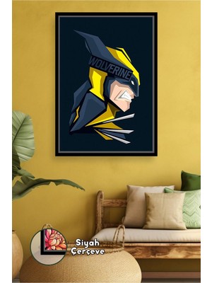 KOSS Dijital Wolverine Çerçeveli Kanvas Tablo Marvel Duvar Süsü Siyah Zemin Sarı Detaylı Çerçeveli Modern Tasarım