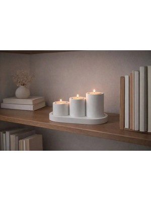 Liza Home Decoration El Yapımı Silindir Mumluk Seti 3’lü Küçük Boy Mumluk-Tepsi Dekoratif Set Minimal Salon ve Raf Dekor