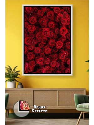 KOSS Dijital Kırmızı Gül Desenli Çiçek Temalı Dekoratif Duvar Tablosu Salon Yatak Odası Çerçeveli Kanvas Tablo