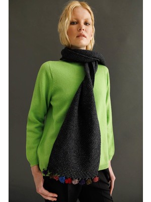 Desen Triko Kadın Kenarı Tığlamalı Püsküllü Yün Kaşkol 22033 K.füme