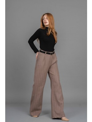 Yüksek Bel Çizgili Kaşe Bol Paça Kemerli Cepli Kadın Kışlık Pantolon – Missvina 30345