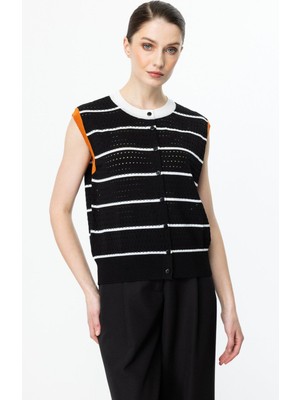 On Fashion Delikli Çizgili Sıfır Yaka Yelek