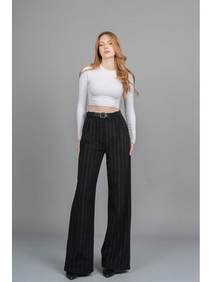 Yüksek Bel Çizgili Kaşe Bol Paça Kemerli Cepli Kadın Kışlık Pantolon – Missvina 30345