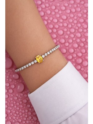 Silveranka 925 Ayar Gümüş Işıltılı Oval Sitrin Taşlı Tenis Bileklik