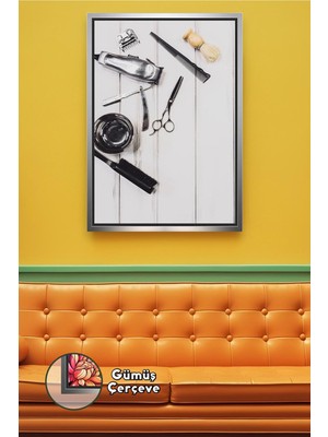 KOSS Dijital Berber Aletleri Flat Lay Tasarım Modern Kuaför ve Berber Salonları Için Çerçeveli Kanvas Tablo