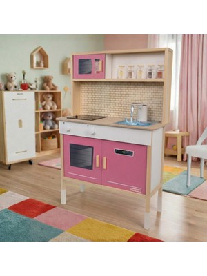 Toysilla Su Akan Musluklu ve LED Işıklı Ahşap Çocuk Oyuncak Mutfak Seti - Pembe Büyük Boy Montessori Eğitici Mutfak