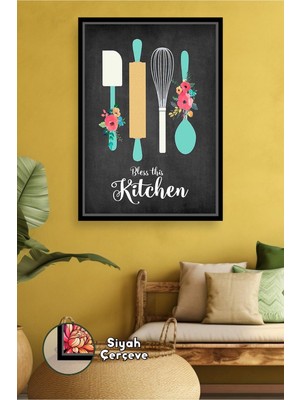 KOSS Dijital Bless This Kitchen Yazılı Çiçekli Mutfak Gereçleri Duvar Dekoru Dekoratif Çerçeveli Kanvas Tablo