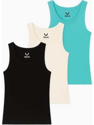 Rich Kadın 3'lü Paket Siyah-Beyaz-Turkuaz   Sıfır Kol Kaşkorse Body-Bisiklet Yaka %100 Pamuk Atlet Bluz