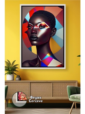 KOSS Dijital Geometrik Desenli Afrika Kadın Yüz Portresi Çok Renkli Figür Dekorasyon Ürünü Çerçeveli Kanvas Tablo