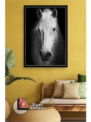 KOSS Dijital Beyaz At Siyah Beyaz Portre Güçlü ve Sade Hayvan Duvar Dekoru Çerçeveli Kanvas Tablo