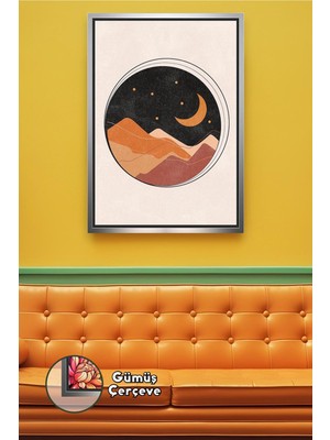 KOSS Dijital Gece Ay Manzaralı Yuvarlak Çöl Tepeleri Yıldızlı Minimal Doğa Duvar Sanatı Çerçeveli Kanvas Tablo