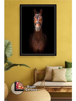 KOSS Dijital Siyah Fonlu Asil At Portresi Kanvas Tablo Minimal ve Güçlü Hayvan Sanatı Çerçeveli Kanvas Tablo