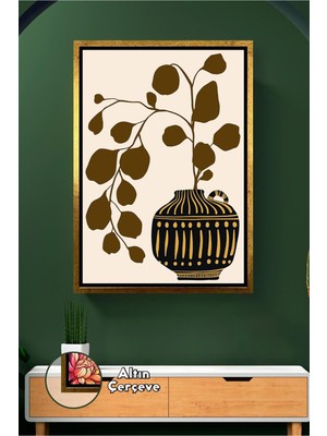 KOSS Dijital Siyah Altın Desenli Vazo ve Kahverengi Yapraklı Bohem Duvar Dekoru Çerçeveli Kanvas Tablo