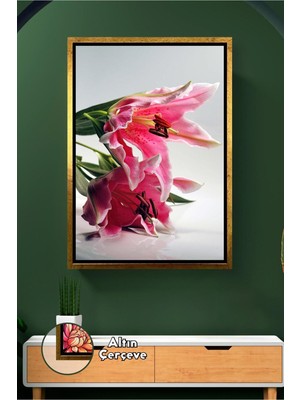 KOSS Dijital Pembe Zambak Çiçeğiyle Zarif Salon ve Ofis Duvar Dekoru Sade Şık Tasarım Çerçeveli Kanvas Tablo