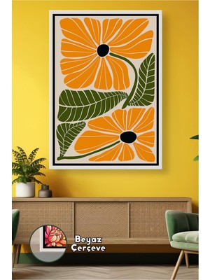 KOSS Dijital Turuncu Boho Çiçek ve Yaprak Desenli Soyut Duvar Dekoru Retro Tarz Çerçeveli Kanvas Tablo