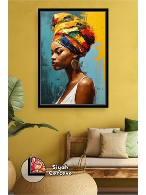 KOSS Dijital Renkli Başörtülü Afrikalı Kadın Figürü Yağlı Boya Tarzı Sanatsal Çerçeveli Kanvas Tablo