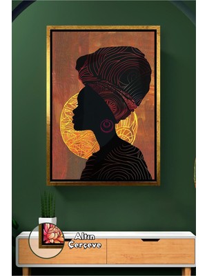 KOSS Dijital Afrikalı Kadın Siluet Etnik Desen Altın Güneş Detaylı Sanatsal Duvar Görseli Çerçeveli Kanvas Tablo