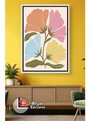 KOSS Dijital Bohem Boho Tarzı Pastel Renkli Çiçek Yumuşak Tonlu Botanik Sanat Çerçeveli Kanvas Tablo