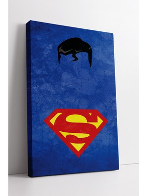 KOSS Dijital Superman Saç Silüeti ve Kırmızı Sarı Logo Temalı Mavi Minimal Süper Kahraman Kanvas Tablo
